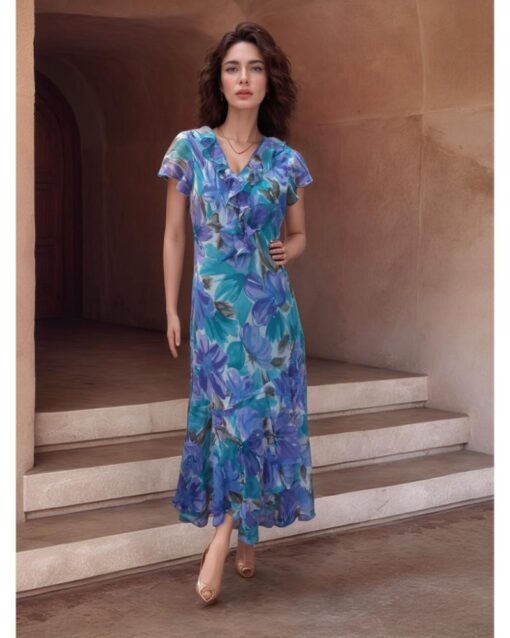 Blue & green Floral Short Sleeves Long Dress