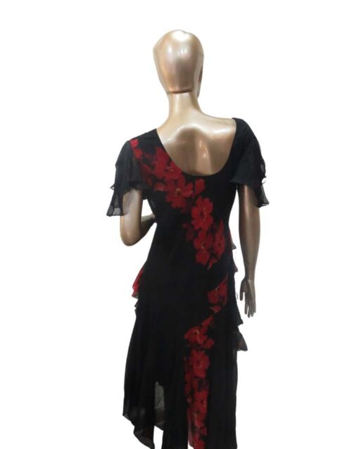 Elegant Black Ruffled Floral Dress with Red Accents - Image 2