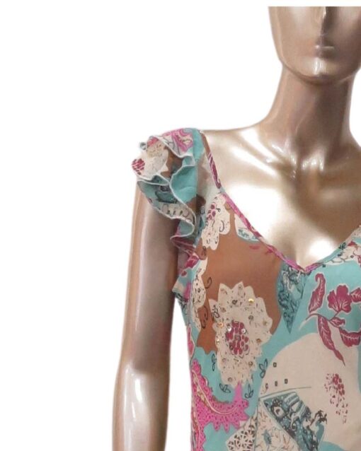 Blue Floral Patchwork Maxi Dress with Flutter Sleeves - Image 3