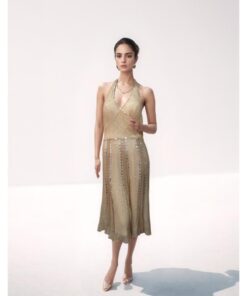 Gold Color Sequin Halter Midi Dress