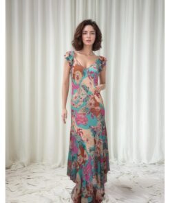 Blue Floral Patchwork Maxi Dress with Flutter Sleeves