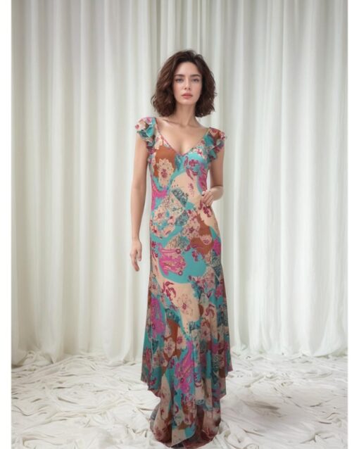 Blue Floral Patchwork Maxi Dress with Flutter Sleeves