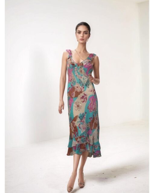 Multicolor Paisley Print Ruffle Midi Dress
