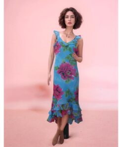 Tropical Blue Floral Ruffle Midi Dress
