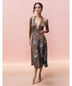 Elegant Animal Print Halter Midi Dress
