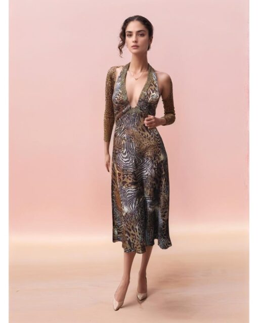 Elegant Animal Print Halter Midi Dress