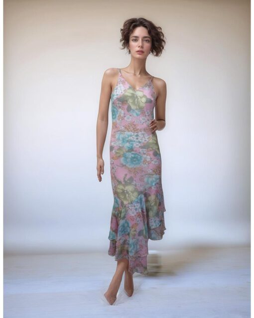 Pink Delicate Flower Print Maxi Dress with Soft Layers
