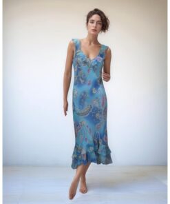 Blue Paisley Print Ruffle Midi Dress