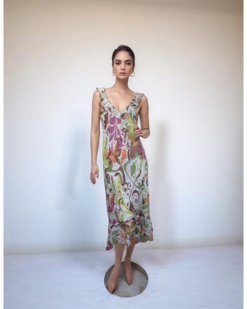 Multicolor Printed Ruffle Midi Dress