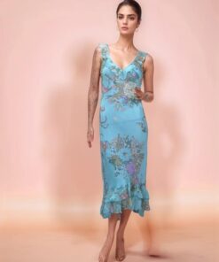 Blue Printed Ruffle Midi Dress