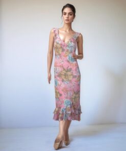 Pink Floral Print Ruffle Midi Dress
