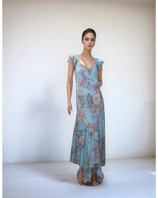 Blue Floral Printing Maxi Dress with Flutter Sleeves