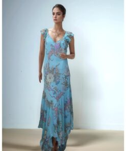 Blue Floral Printed Maxi Dress with Flutter Sleeves