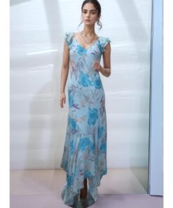 Blue Printed Maxi Dress with Flutter Sleeves
