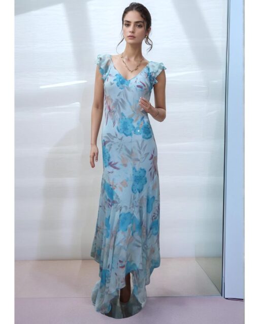 Blue Printed Maxi Dress with Flutter Sleeves