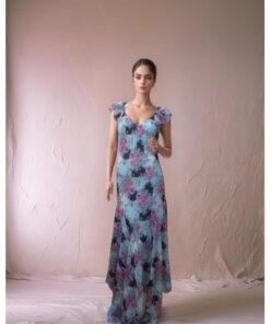 Blue Floral Maxi Dress with Flutter Sleeves
