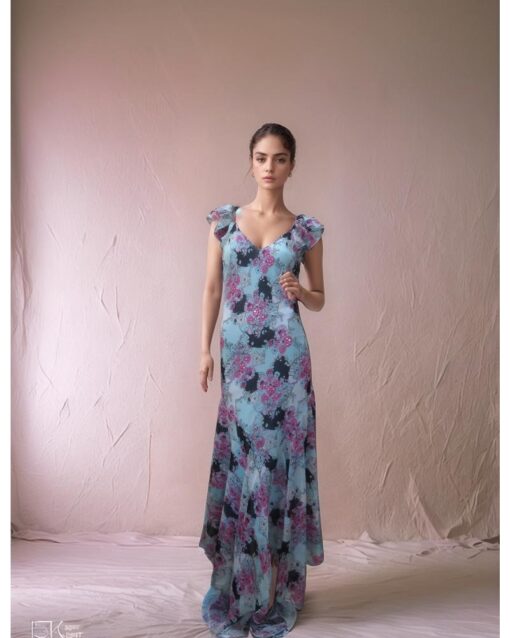 Blue Floral Maxi Dress with Flutter Sleeves