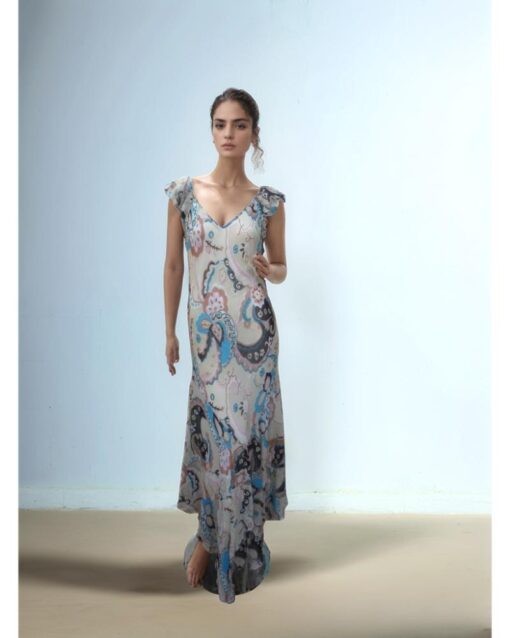 Nude Floral Patchwork Maxi Dress with Flutter Sleeves