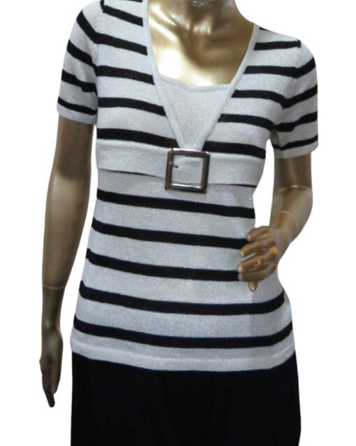 Striped Top with Short Sleeves and Buckled Waist Detail - Image 4