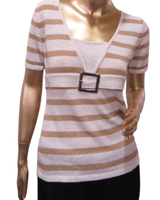 Striped Top with Short Sleeves and Buckled Waist Detail - Image 5