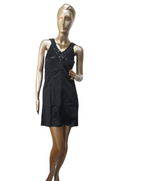 Black Satin Sleeveless Dress with Beaded Neckline - Image 2