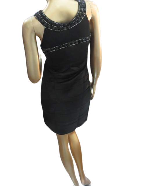 Black Satin Sleeveless Dress with Beaded Neckline - Image 4