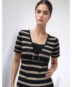 Striped Top with Short Sleeves and Buckled Waist Detail