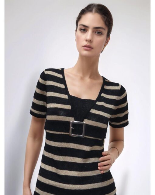Striped Top with Short Sleeves and Buckled Waist Detail