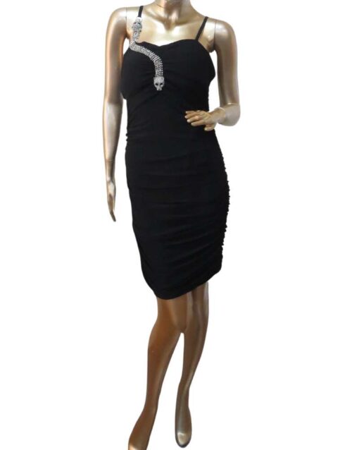 Sleek Black Spaghetti Strap Dress with Rhinestone Snake Detail - Image 3