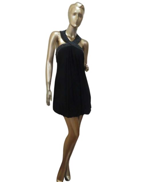 Chic Black Halter Dress with Embellished Neckline - Image 2