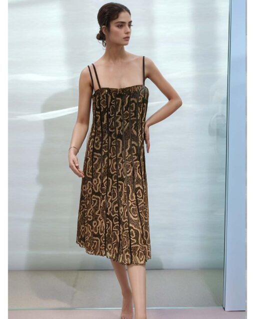 Sleeveless Midi Dress with Spaghetti Straps and Patterned Design