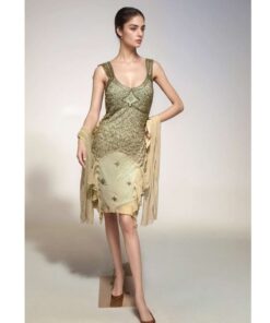 Golden Embellished Evening Dress with Layered Details