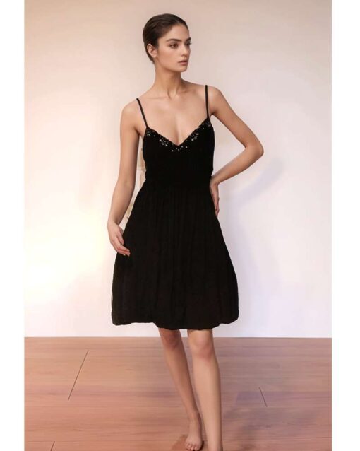 Spaghetti Strap Embellished Black Mini Dress
