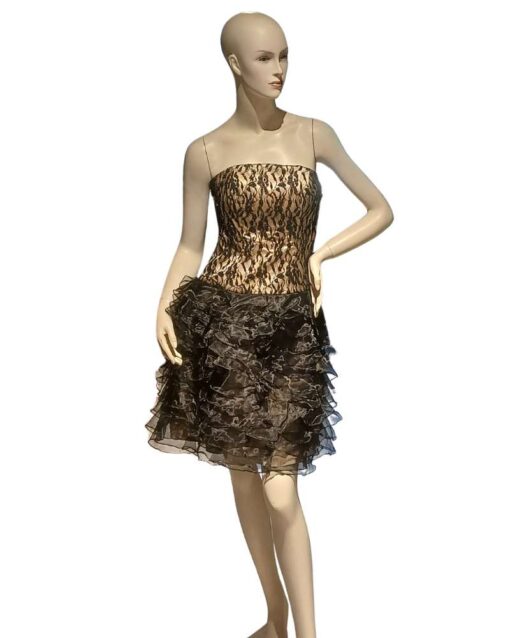 Elegant Gold and Black Lace Ruffle Evening Dress - Image 3