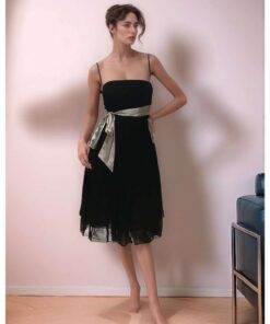 Black Midi Dress with Satin Waist Tie