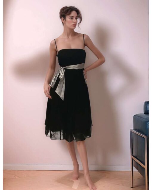 Black Midi Dress with Satin Waist Tie