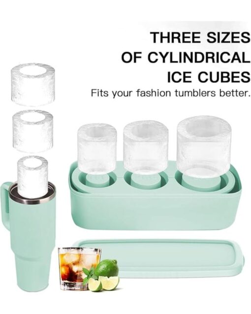 Silicone Ice Cube Tray Set 3 Pcs Hollow Cylinder Molds with Lid & Bin - Image 2