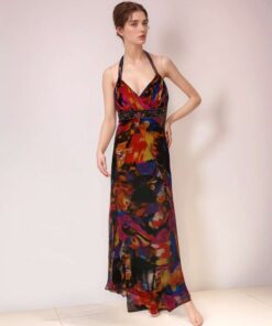 Colorful Halter Neck Long Dress with Beaded Waist Detail