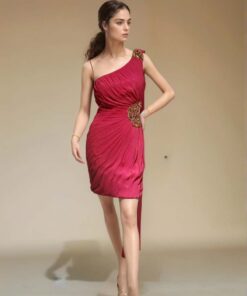 One-Shoulder Pleated Mini Dress with Embellished Details