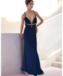 Navy Blue Evening Dress with Deep V-Neck and Gold Embellished Straps