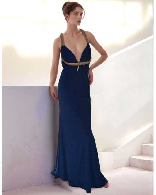 Navy Blue Evening Dress with Deep V-Neck and Gold Embellished Straps