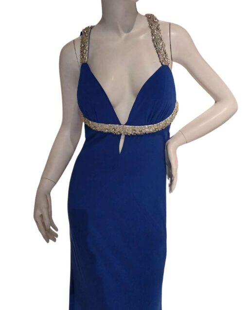 Navy Blue Evening Dress with Deep V-Neck and Gold Embellished Straps - Image 3