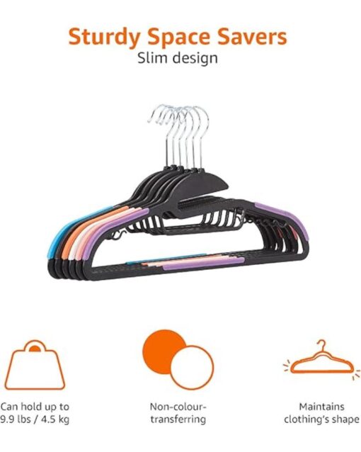 Amazon Basics Space Saving Non-Slip Plastic Hangers with 10 Finger Clips 6 Colors (60-Pack) - Image 3